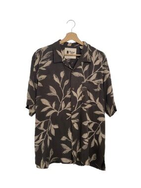 Vintage Silk Circa 1969 Men's 100% Silk Leaf Print Shirt Charcoal Cream  Sz XXL